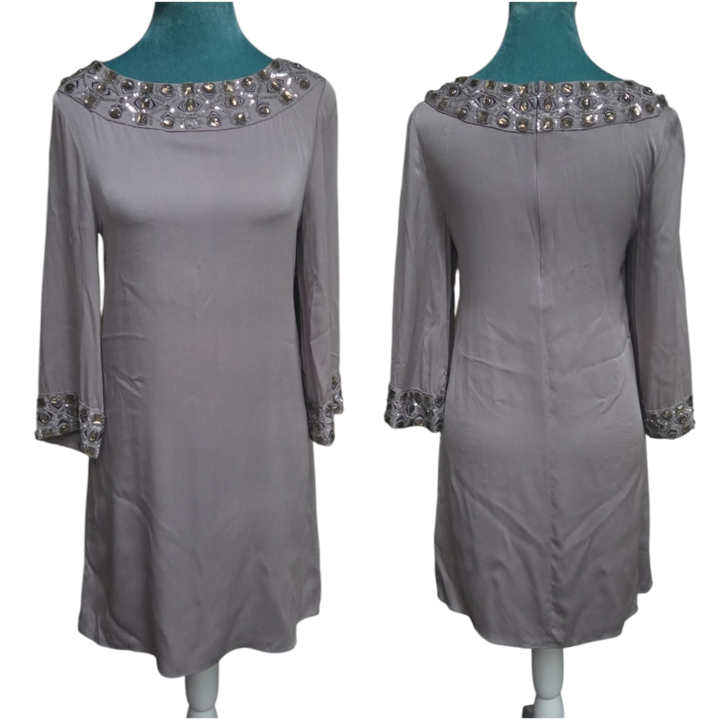 Vintage Y2k Alice + Olivia 3/4 Sleeve Embellished Jewels Gray Shift Dress Xs